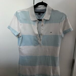 Tommy Hilfiger Women's Light Blue and White Striped Button Down Shirt